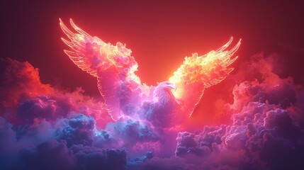 A 3D render of a colorful cloud with glowing neon in the shape of a majestic eagle