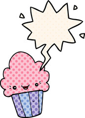 cartoon cupcake with face with speech bubble in comic book style