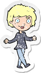 retro distressed sticker of a cartoon confused woman