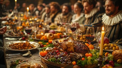 Medieval Banquet: Photograph a lavish banquet table with noble guests, feasting on roasted meats, fruits, and goblets of wine to showcase medieval dining customs - obrazy, fototapety, plakaty