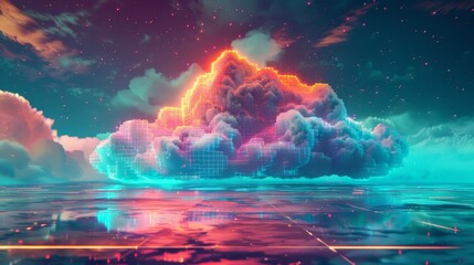 A 3D render of a colorful cloud with glowing neon, representing a digital oasis in the vastness of cyberspace - obrazy, fototapety, plakaty