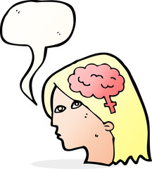 cartoon female head with brain symbol with speech bubble