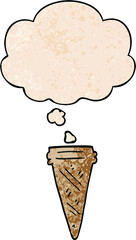 cartoon ice cream cone with thought bubble in grunge texture style
