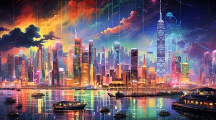 Panoramic view of Hong Kong at night. Panoramic image.