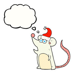 freehand drawn thought bubble cartoon mouse christmas hat