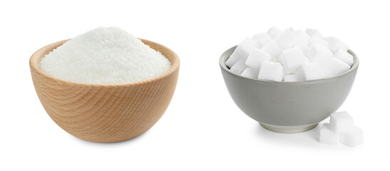 Sugar (granulated and cubes) in bowls isolated on white