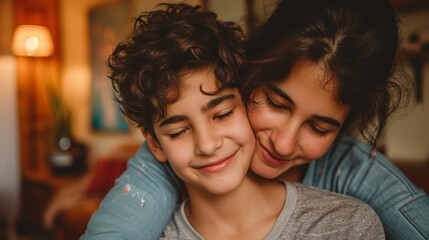 Portrait of beautiful young mother cuddling with teen son at home
