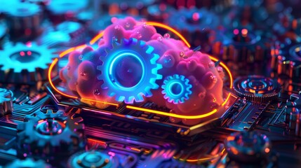 Obraz premium A 3D render of colorful cloud with glowing neon gears