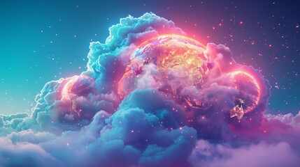 A 3D render of colorful cloud with glowing neon globes