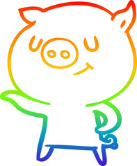 rainbow gradient line drawing of a happy cartoon pig