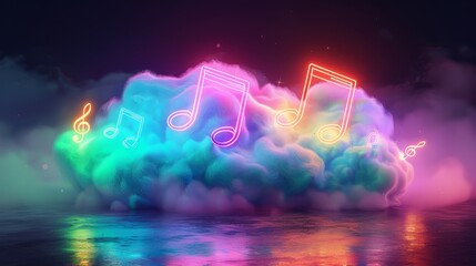 A 3D render of colorful cloud with glowing neon music notes