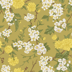 Spring seamless pattern with blooming garden trees. Branches in flowers on a mustard background. Kerry, hawthorn, cherry. Vector botany. - 775973564