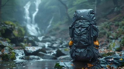 Fotobehang adventure-ready spirit of a rugged hiking backpack, positioned against a backdrop of lush forest trails and cascading waterfalls © RANA