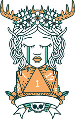 Retro Tattoo Style sad elf druid character face with natural one D20 roll