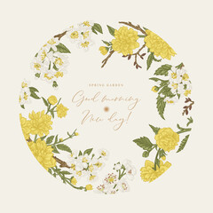 Vector round frame with spring flowers. Detailed vintage floral background. Full bloom. Kerry, hawthorn, cherry. Colorful - 775973746