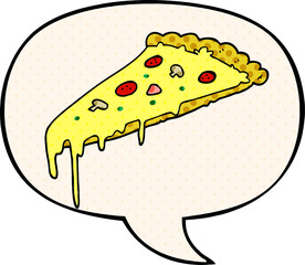cartoon pizza slice with speech bubble in comic book style