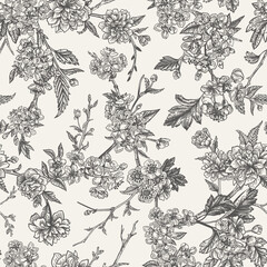 Floral garden seamless pattern with garden tree branches. Cherry, hawthorn and Japanese kerria. Spring background with flowers. Black and white - 775973783