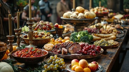 Fototapeta na wymiar Medieval Banquet: Photograph a lavish banquet table with noble guests, feasting on roasted meats, fruits, and goblets of wine to showcase medieval dining customs