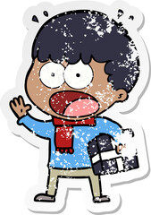 distressed sticker of a cartoon shocked man with gift