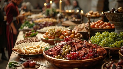 Medieval Banquet: Photograph a lavish banquet table with noble guests, feasting on roasted meats, fruits, and goblets of wine to showcase medieval dining customs