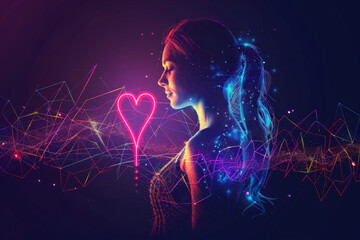 Artistic design of a beautiful woman with heartbeat diagram and a love symbol - obrazy, fototapety, plakaty