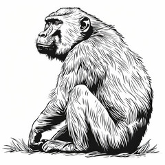Detailed black and white illustration of a thoughtful monkey sitting and observing.