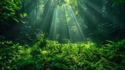 Obraz premium Sunbeams filter through a dense jungle canopy, illuminating the vibrant green foliage below in a serene