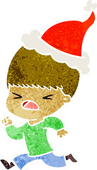hand drawn retro cartoon of a stressed man wearing santa hat