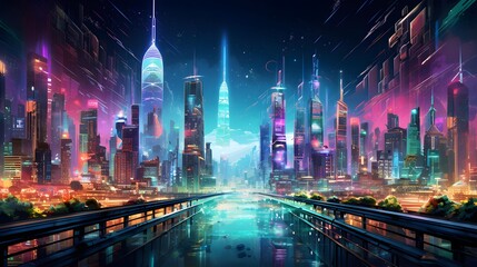 Night city panorama with illuminated skyscrapers and bridge, Shanghai, China