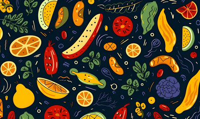 flat Hand drawn abstract pattern with foods