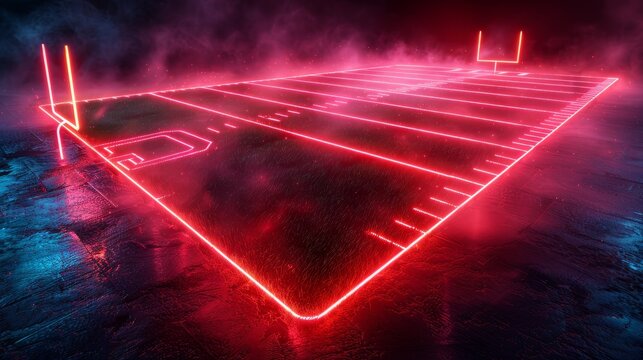 A 3D render of glowing neon football field of bright red and cool cyan