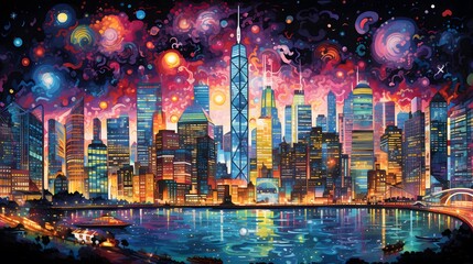 Illustration of a night cityscape with skyscrapers and river