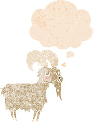cartoon goat with thought bubble in grunge distressed retro textured style