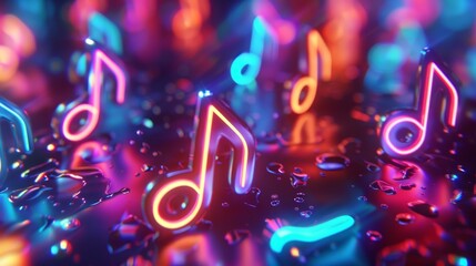 A 3D render of glowing neon music notes
