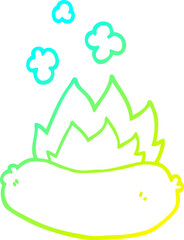 cold gradient line drawing of a cartoon burning sausage