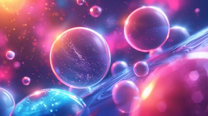 A 3D render of glowing neon planets