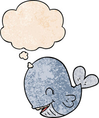 cartoon whale with thought bubble in grunge texture style