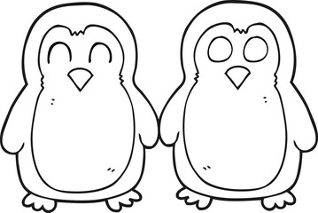 freehand drawn black and white cartoon birds holding hands