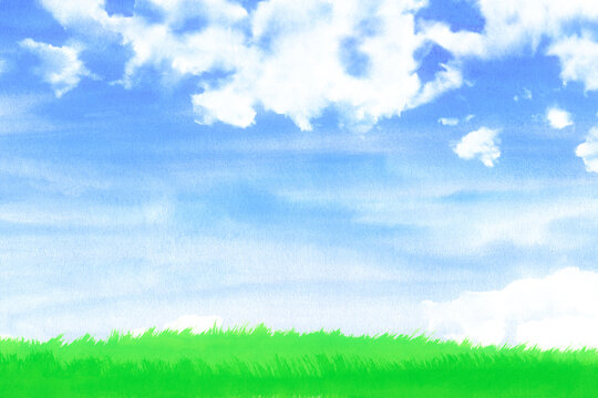 緑の草原と青空水彩画
