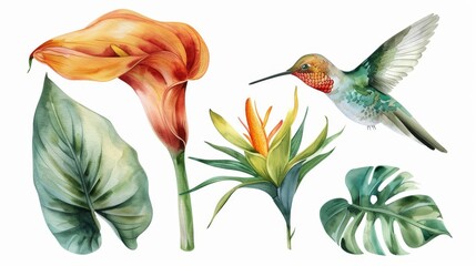 Watercolor botanical illustration of calla lily, flower, hummingbird, palm leaf. Set of tropical plants isolated on white. - obrazy, fototapety, plakaty