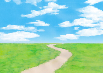 緑の草原と青空水彩画