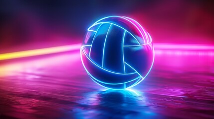 A 3D render of glowing neon volleyball symbol