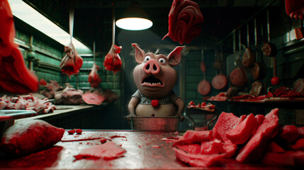 Scared piglet in a butcher shop surrounded by meat under eerie lighting. - obrazy, fototapety, plakaty