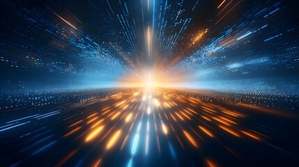 Abstract background with blue and orange lights, rays of light forming an array of dots or particles. cosmic exploration and futuristic technology. being in space or time travel. For Background
