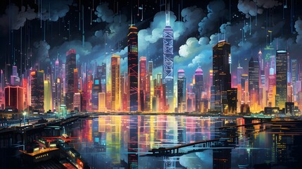 Panoramic view of the city at night. Futuristic cityscape.