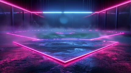 A dynamic 3D render of glowing neon baseball field