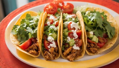 Savory shredded chicken tacos filled with vibrant tomatoes, cilantro, cheese, and sour cream, served on a colorful plate for a delicious and visually appealing Mexican dish.