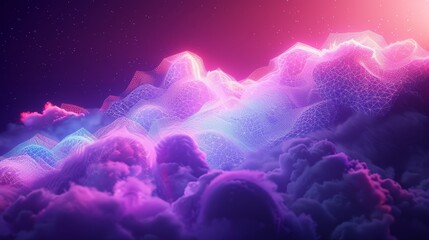 A dreamy 3D render of a neon cloud with geometric patterns