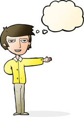 cartoon man gesturing welcome with thought bubble