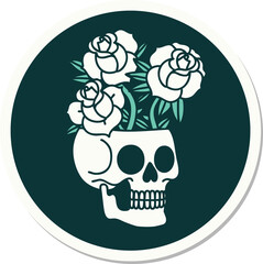sticker of tattoo in traditional style of a skull and roses